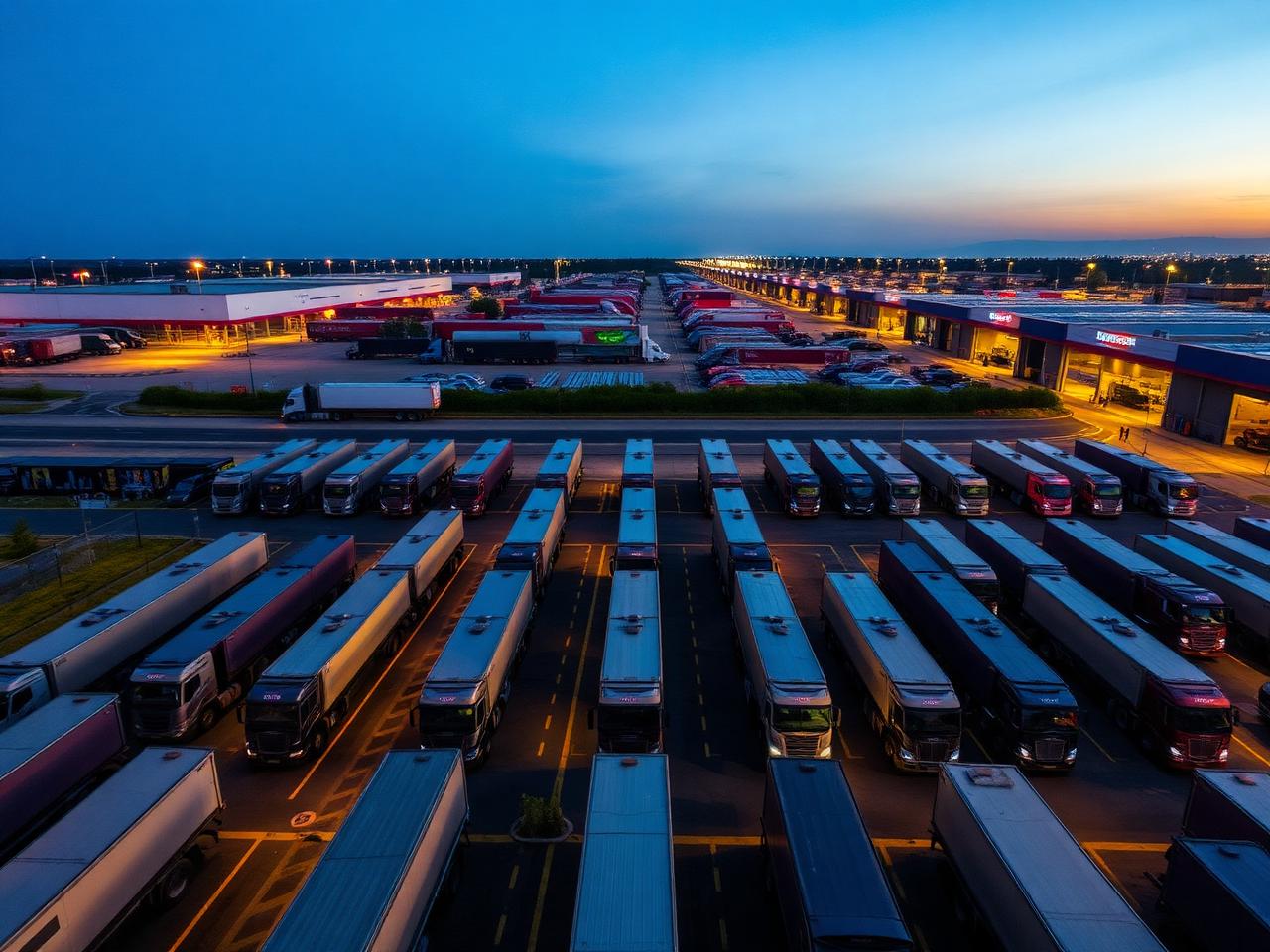 Omega Trucking fleet at dusk